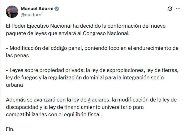 El anuncio sobre la agenda legislativa que quiere instalar Javier Milei.&nbsp;