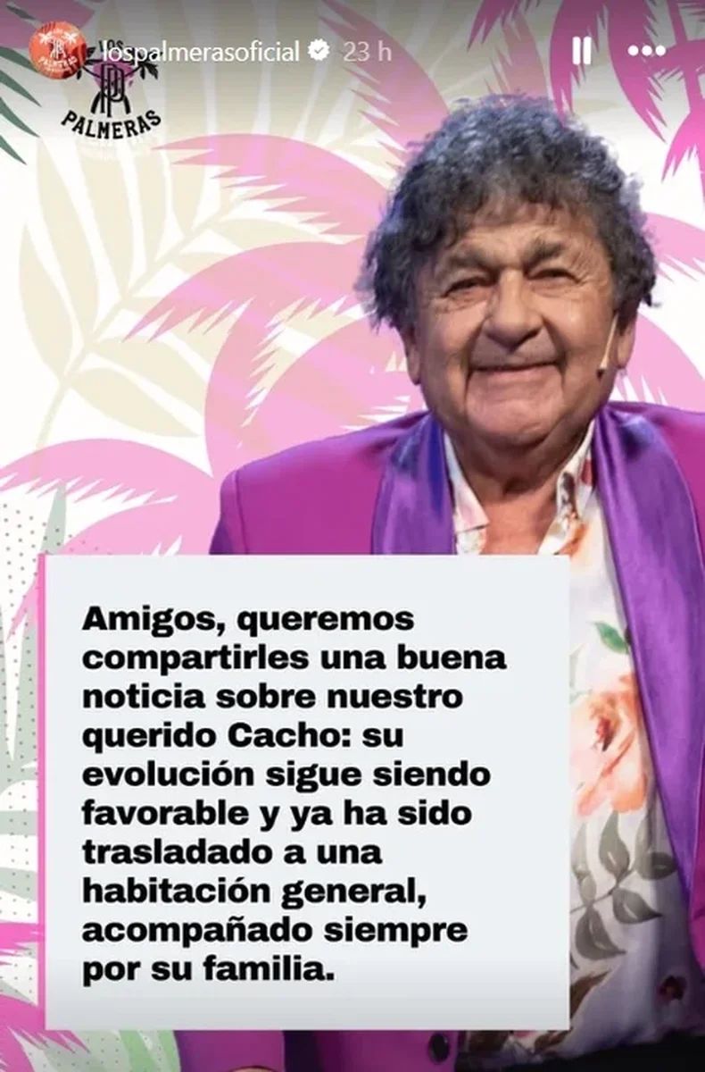 El cantante de Los Palmeras se recupera del ACV.