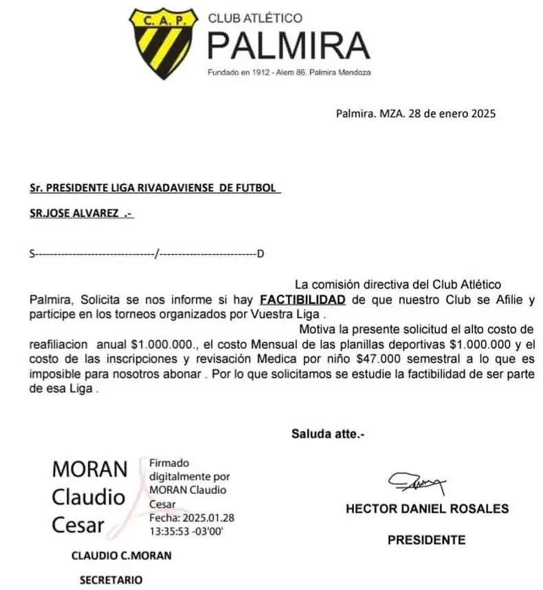 El comunicado del club Palmira.