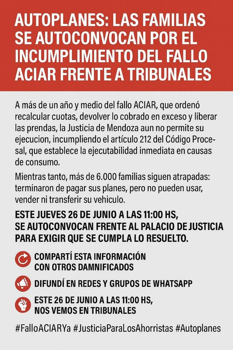Convocatoria de mendocinos que ganaron el juicio de los planes de ahorro.