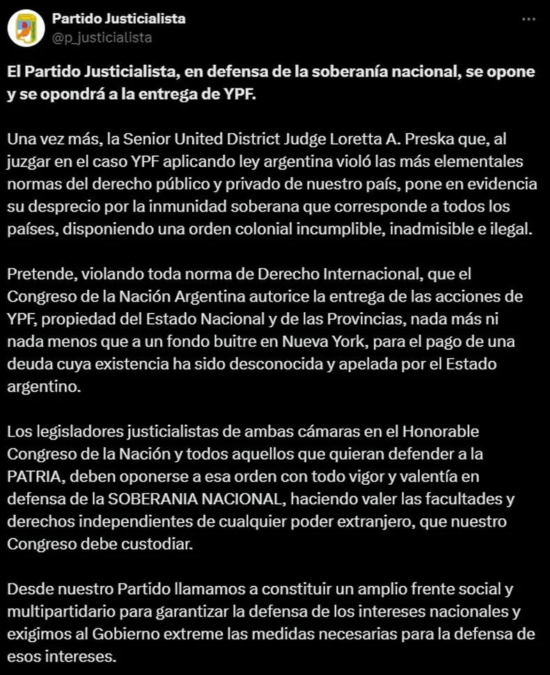 El comunicado del PJ.