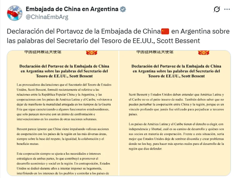 El comunicado de la Embajada de China en Argentina.