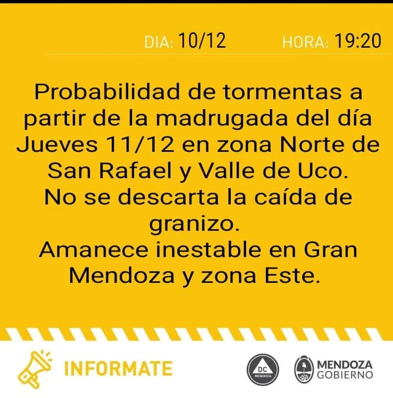 El nuevo alerta por tormentas en Mendoza.
