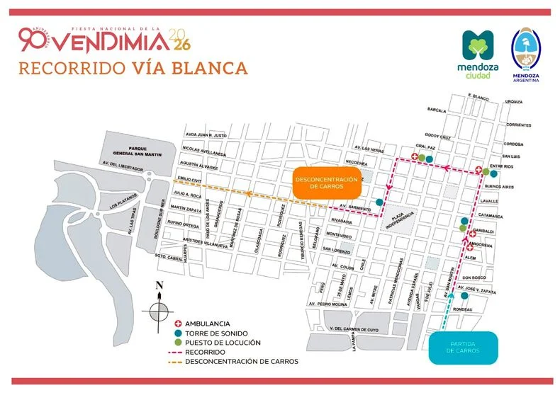 Así será el recorrido de la Vía Blanca por la Ciudad de Mendoza. 