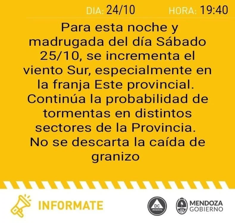 Mendoza bajo alerta por tormentas con posible ca&iacute;da de granizo.