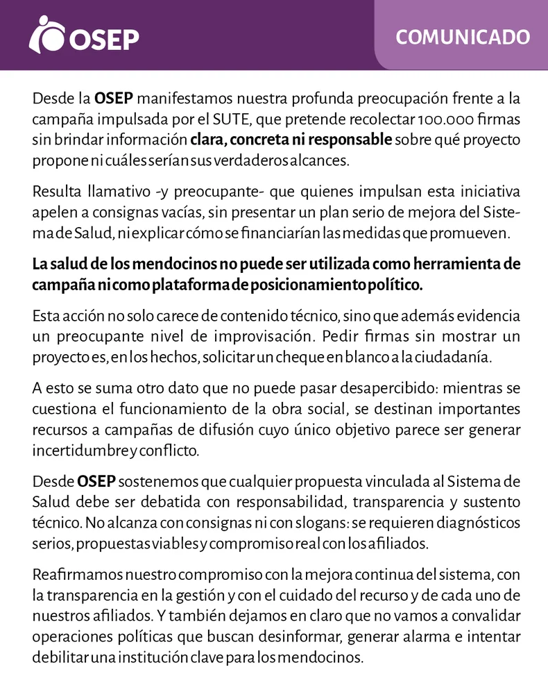 El comunicado de OSEP frente a la campaña del SUTE.
