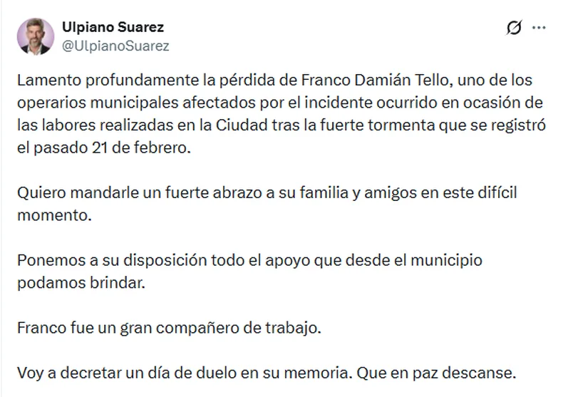 El posteo del intendente luego de conocerse el fallecimiento del empleado municipal.&nbsp;