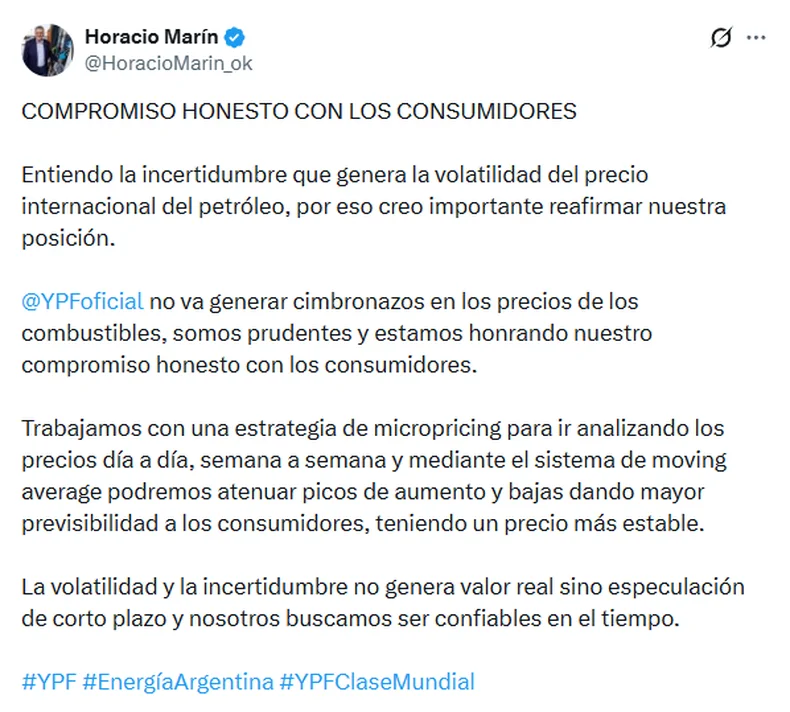 El posteo de Horacio Mar&iacute;n, CEO de YPF.