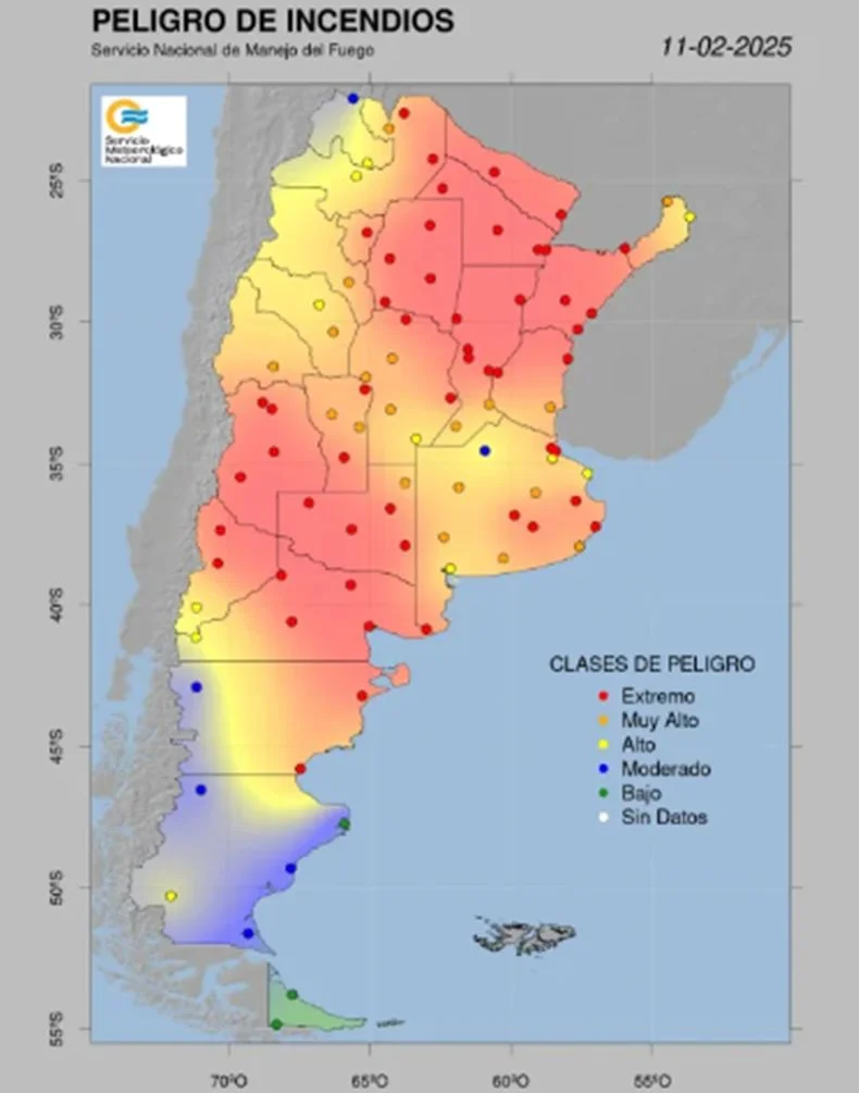 Panorama de incendios en la Argentina este martes 11 de febrero.