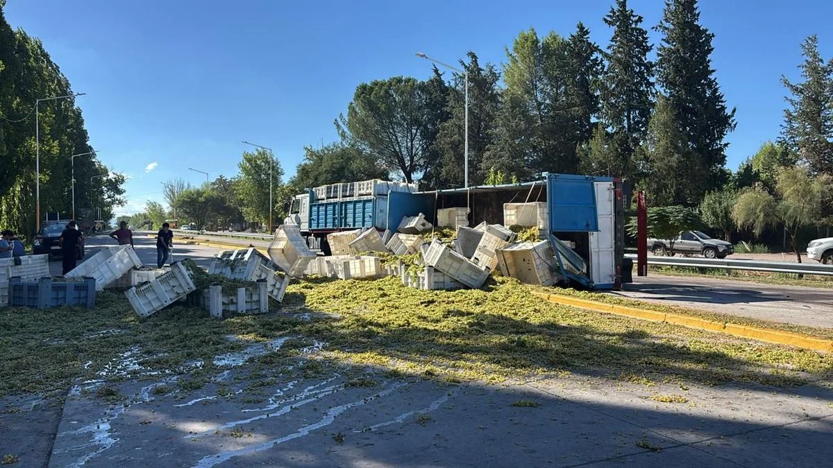 Un camión de uvas se quedó sin frenos y volcó en El Carrizal