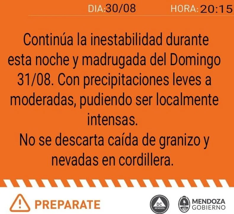 Renovaron el alerta para Mendoza por la llegada de nuevas lluvias.