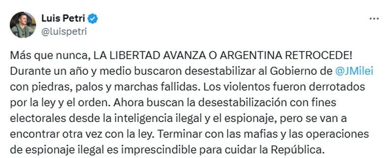 El posteo de Luis Petri en medio del esc&aacute;ndalo de los audios que golpea al Gobierno nacional.&nbsp;