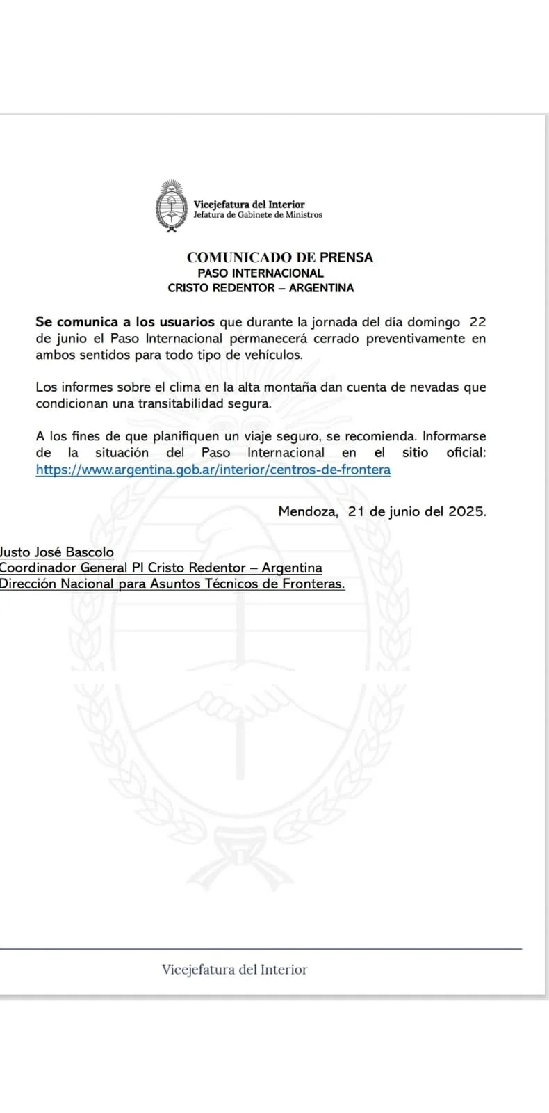 La decisi&oacute;n de cerrar el Paso Internacional se tom&oacute; por las nevadas en Alta Monta&ntilde;a.&nbsp;