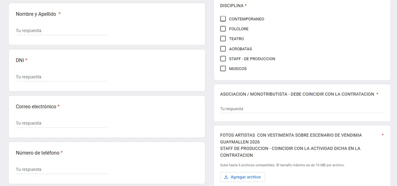 Los ítems obligatorios a completar.