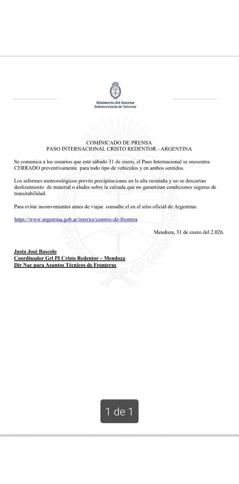 El comunicado anunciando el cierre del Paso a Chile.&nbsp;