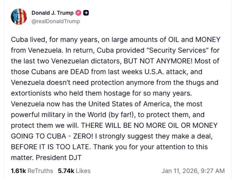 El posteo de Donald Trump sobre el petr&oacute;leo y Cuba que gener&oacute; rechazos en la pol&iacute;tica internacional.&nbsp;
