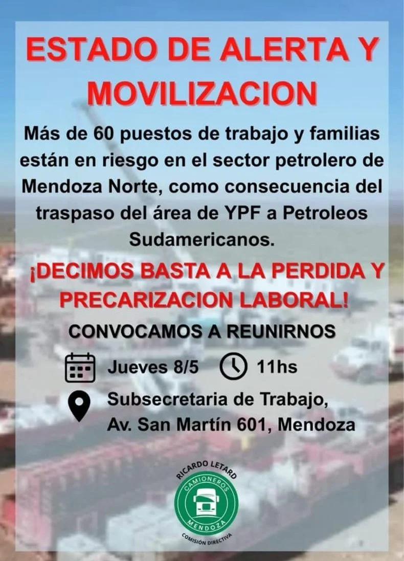 El gremio de camioneros va a la Subsecretar&iacute;a de Trabajo por un conflicto con Petr&oacute;leos Sudamericanos.&nbsp;