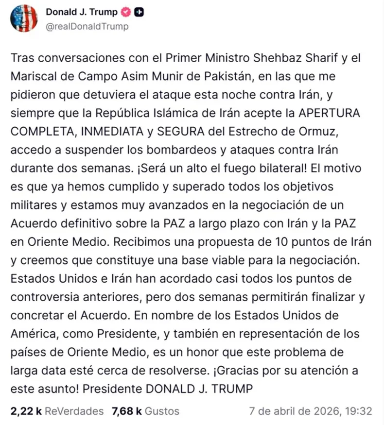 As&iacute; avis&oacute; Donald Trump que suspend&iacute;a el bombardeo en Medio Oriente.&nbsp;