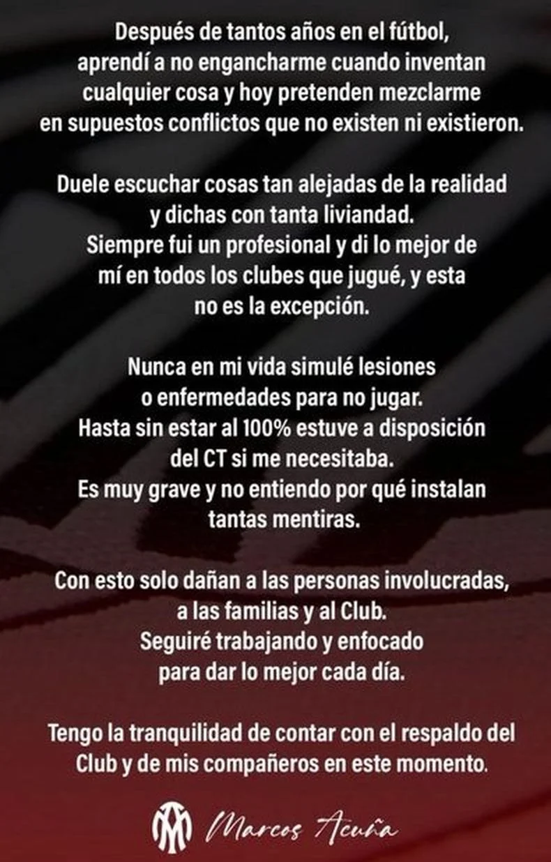 El descargo de Marcos Acu&ntilde;a tras la salida de Gallardo.