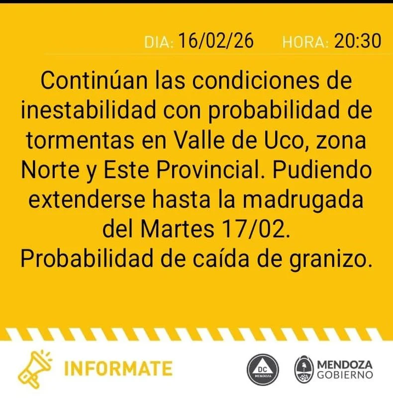 El nuevo alerta por tormetas que rige en Mendoza.