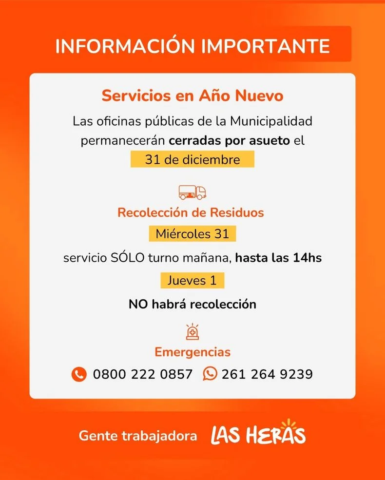 Las Heras, entre los municipios que no recolectar&aacute; residuos el 1 de enero.&nbsp;
