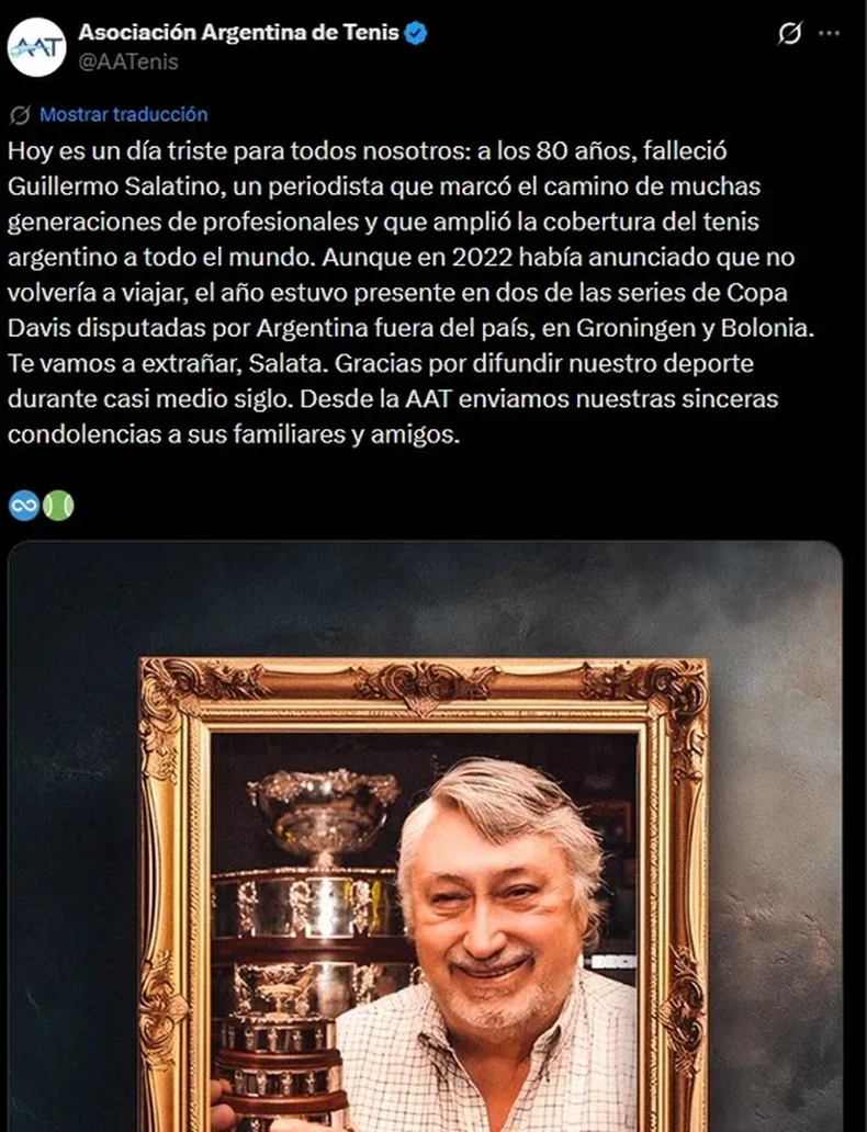 La sentida despedida de la Asociaci&oacute;n de Tenis a un referente del periodismo deportivo especializado en tenis.&nbsp;