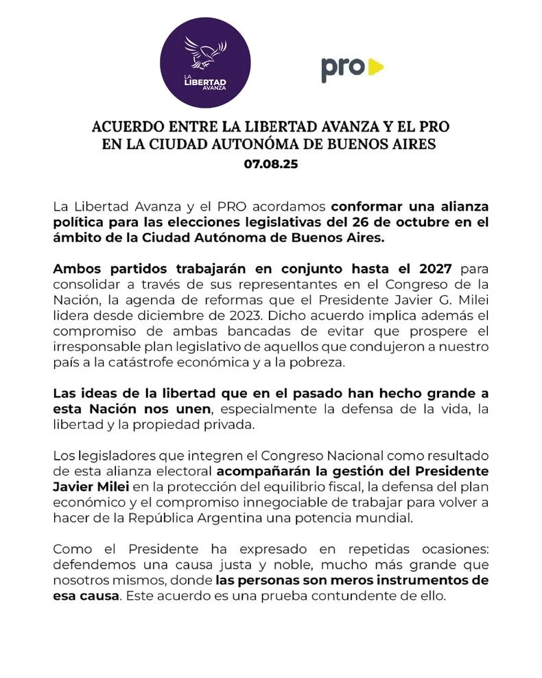 Las condiciones de La Libertad Avanza al Pro para ir juntos en CABA.&nbsp;