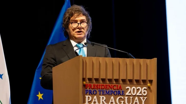 Javier Milei durante su discurso como invitado en la firma del acuerdo UE-Mercosur. 