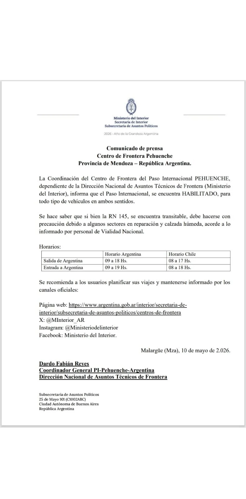 El comunicado oficial para cruzar a Chile por el Paso Pehuenche. 