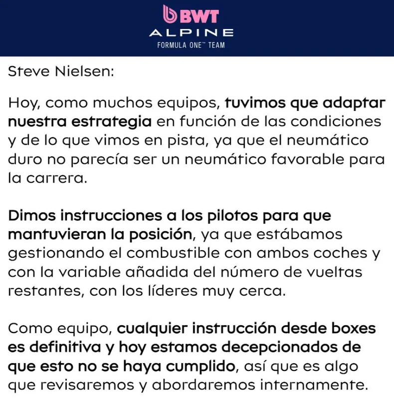 El comunicado de Alpine.