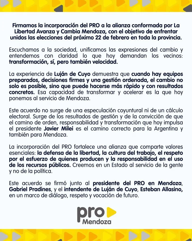 El comunicado del Pro explicando la alianza con el oficialismo.&nbsp;