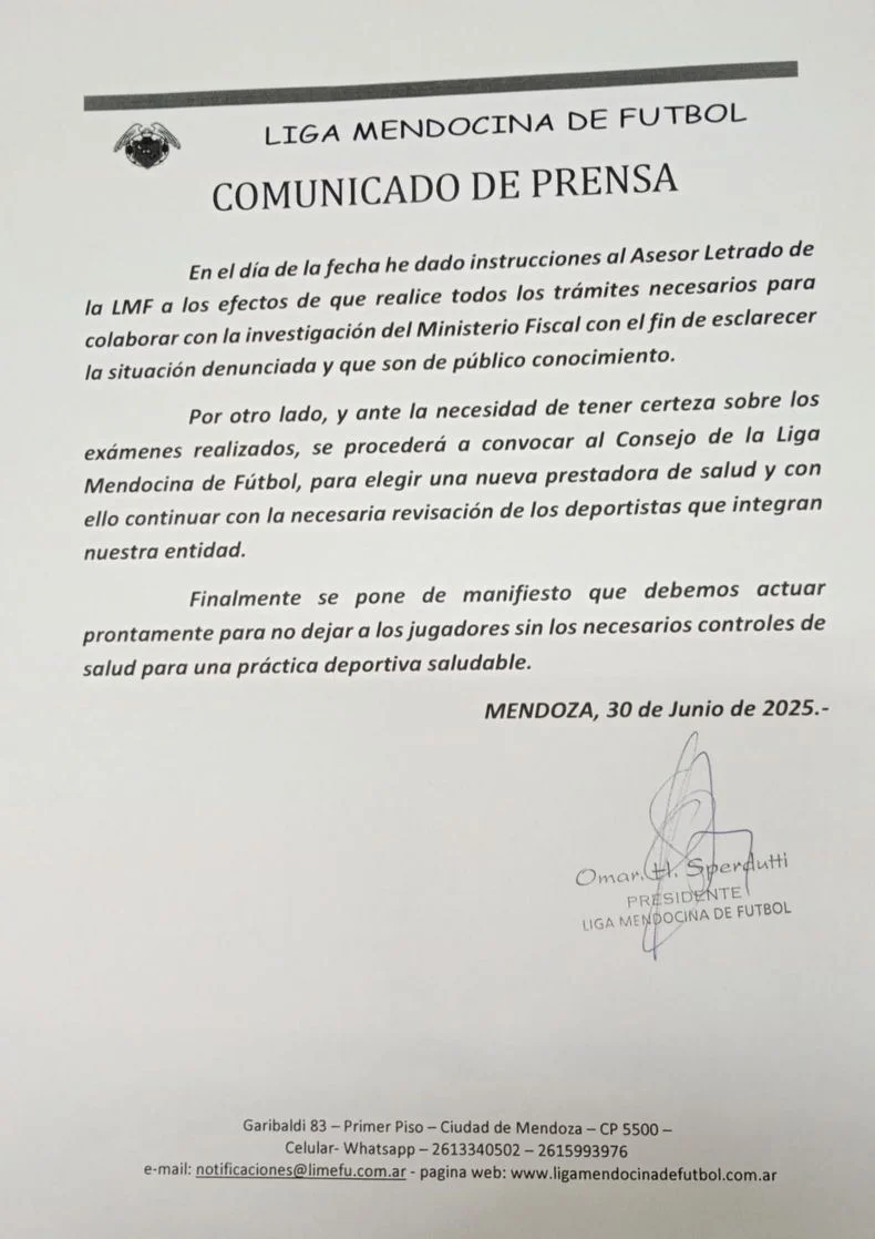 El comunicado de Liga Mendocina.
