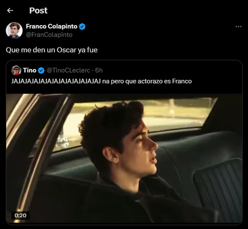 El gracioso comentario de Colapinto luego de debutar como actor.