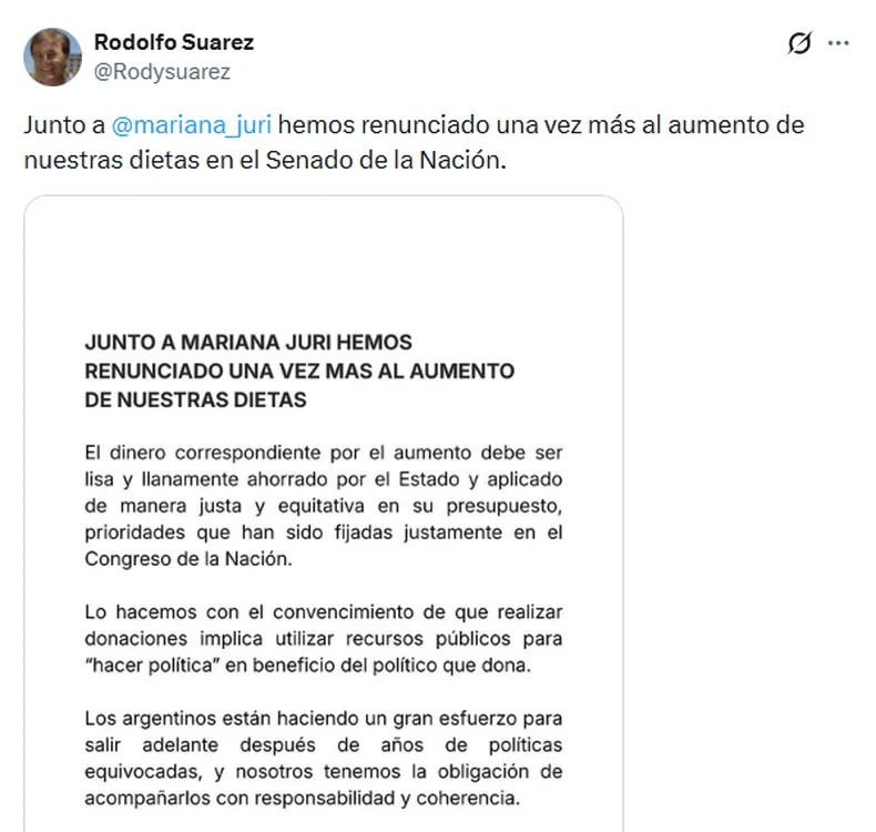 El posteo de Rodolfo Suárez, uno de los senadores por la UCR. 