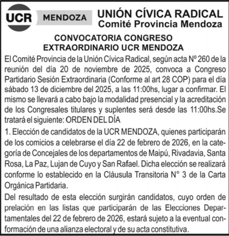 La convocatoria de la UCR para definir candidatos para el 22 de febrero. 