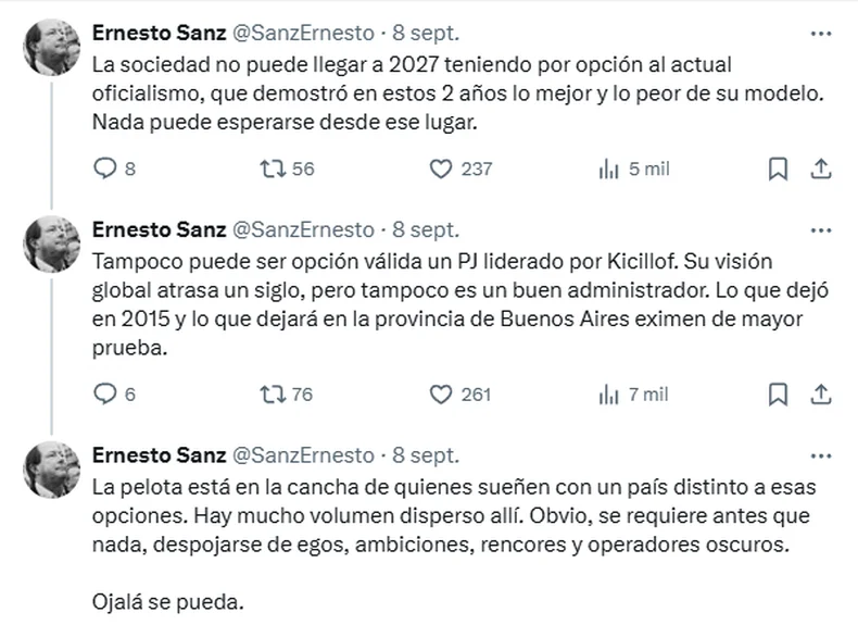 El radical Ernesto Sanz abrió el debate sobre el 2027. 