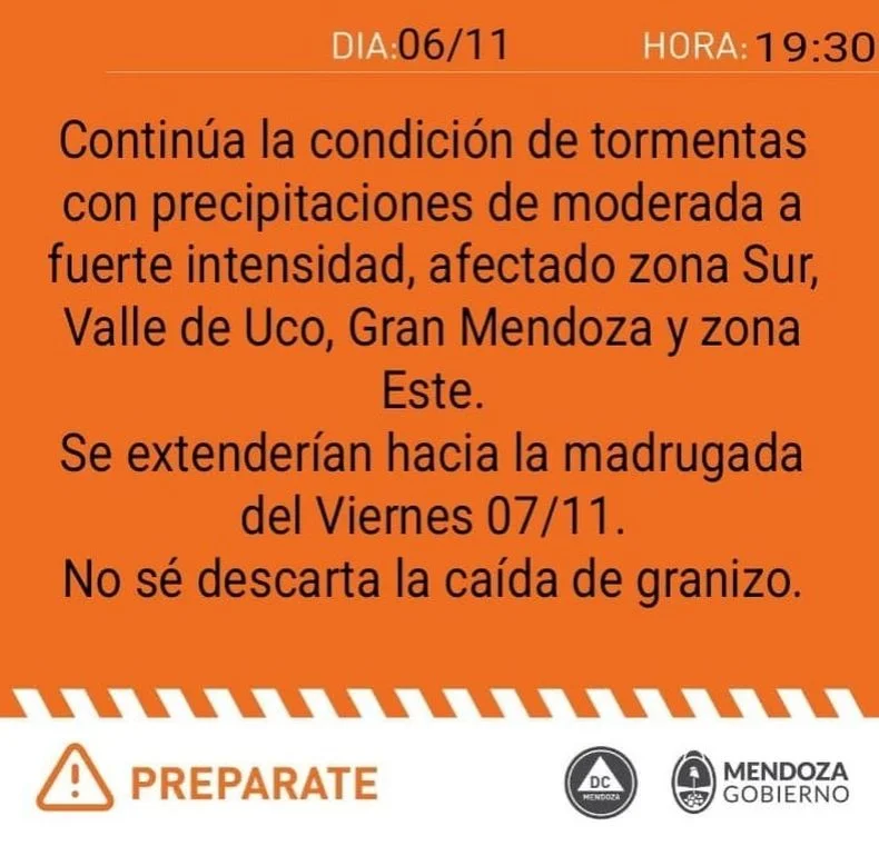 Emitiron un alerta naranja por fuertes tormentas en Mendoza.