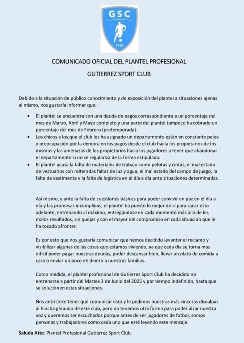 El fuerte comunicado de los futbolistas.