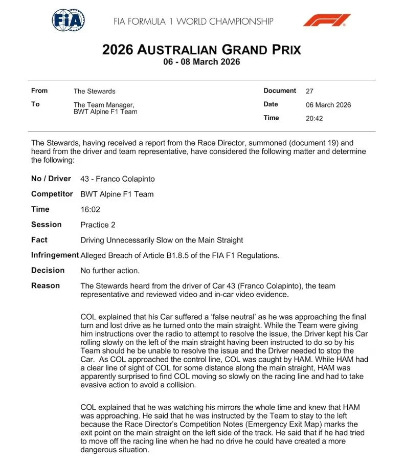 La decisi&oacute;n de la FIA sobre Colapinto.