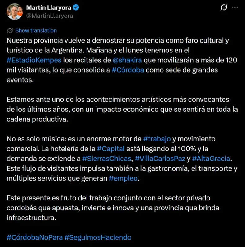 El mensaje de Llaryora sobre el show de Shakira.