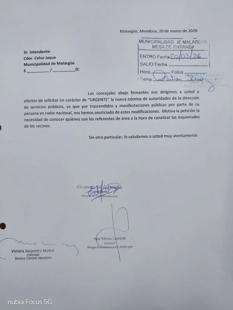 Imagen del pedido de informe de las concejales de Malargüe. 