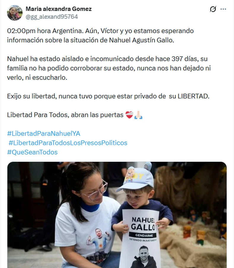 El mensaje de la esposa del gendarme, horas despu&eacute;s de que Venezuela anunciara la liberaci&oacute;n de algunos presos pol&iacute;ticos.&nbsp;
