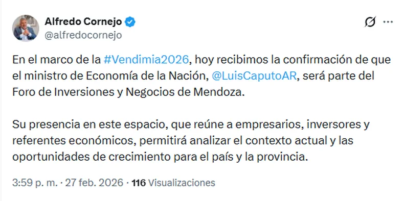 Cornejo confirmó la visita del ministro Luis Caputo. 