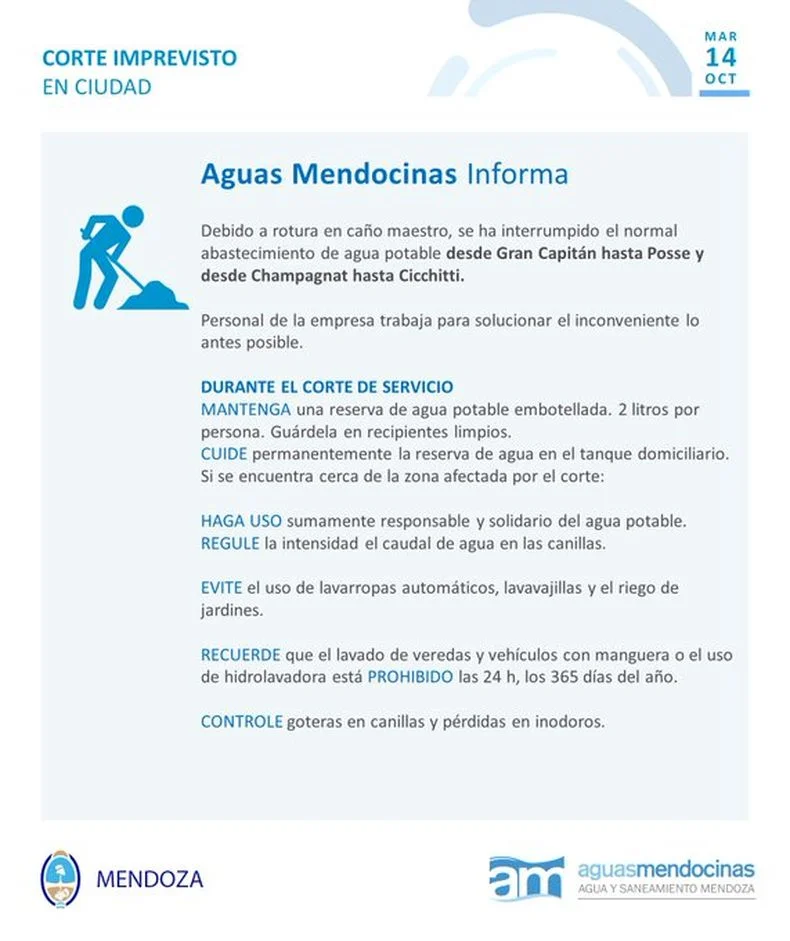 El comunicado de Aysam sobre el corte de agua en Ciudad.&nbsp;