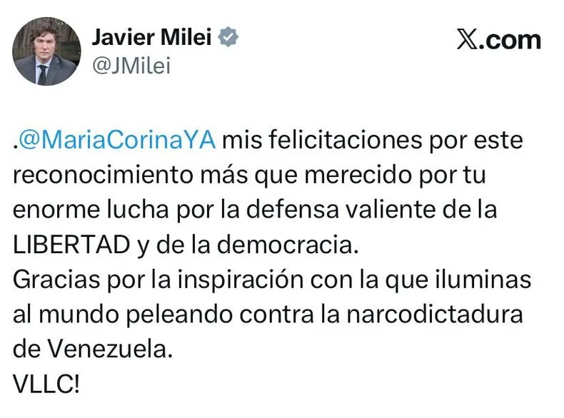 El posteo del presidente Javier Milei por el N&oacute;bel de la Paz.&nbsp;