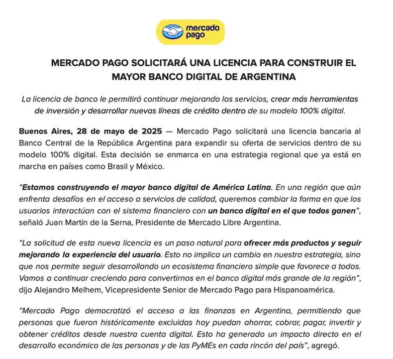 El comunicado de Mercado Pago.