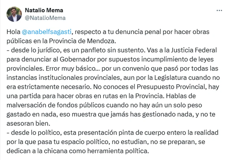 La respuesta de Natalio Mema a Anabel Fern&aacute;ndez Sagasti por la denuncia a Cornejo.&nbsp;
