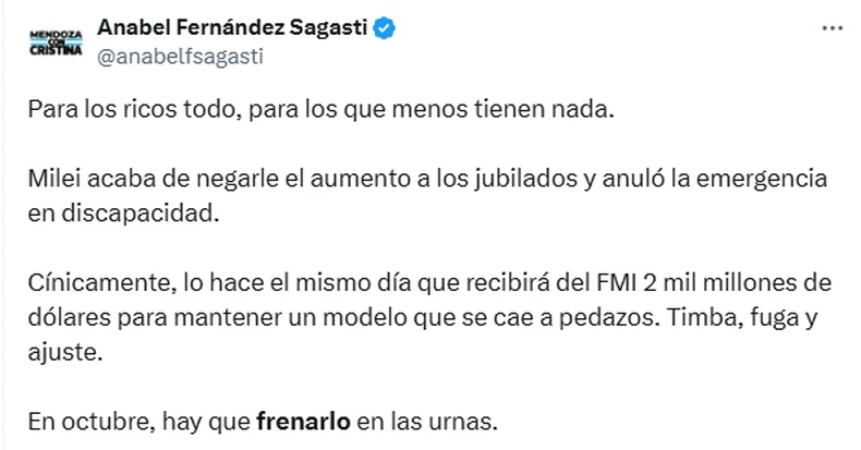 El tuit de Anabel Fern&aacute;ndez Sagasti sobre el veto de Milei a los jubilados.