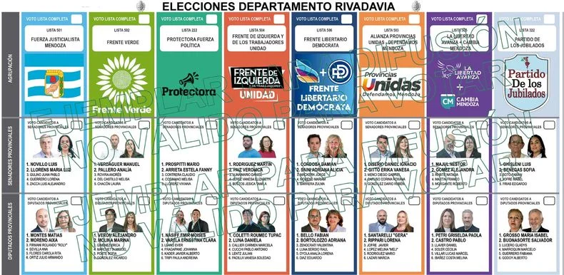 Esta es la boleta provincial que verán los vecinos y vecinas de Rivadavia cuando vayan a votar. No se eligen concejales el domingo. 