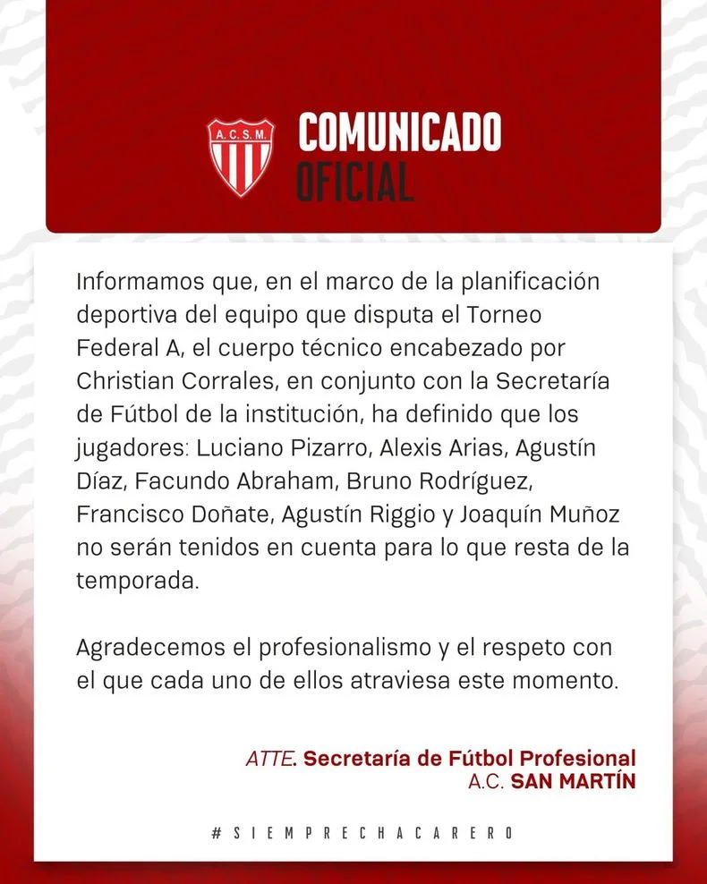 El comunicado de San Mart&iacute;n y la salida de ocho futbolistas.